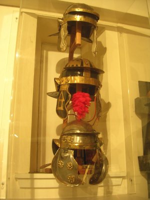 Three Helmets at Melrose Roman Museum.